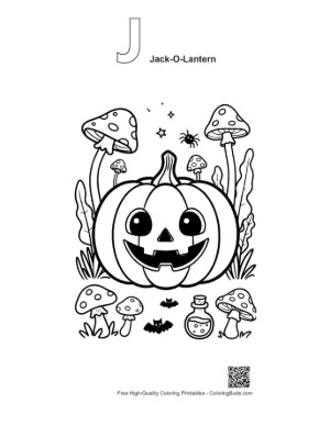 Thumbnail: Happy Jack-O-Lantern in a Haunted Forest Clearing Printable Outline Alphabet J Jack-O-Lantern