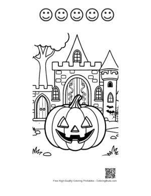 Thumbnail: Jack-O-Lantern at the Entrance of a Stone Castle Printable and 5 Happy Face Outline