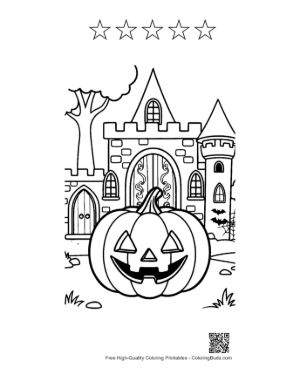 Thumbnail: Jack-O-Lantern at the Entrance of a Stone Castle Printable and 5 Star Outline