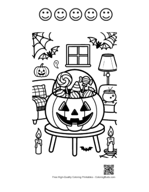 Thumbnail: Jack-O-Lantern Pail Full of Halloween Candy on a Stool Printable and 5 Happy Face Outline