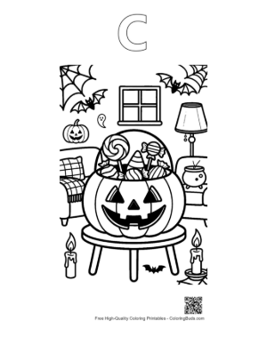 Thumbnail: Jack-O-Lantern Pail Full of Halloween Candy on a Stool Printable Outline Alphabet C