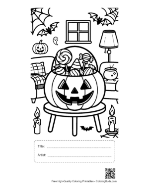 Thumbnail: Jack-O-Lantern Pail Full of Halloween Candy on a Stool Printable with Title and Artist Box