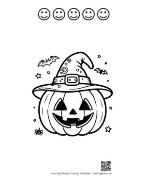 Thumbnail: Jack-O-Lantern Wearing a Starry Witch Hat Printable and 5 Happy Face Outline