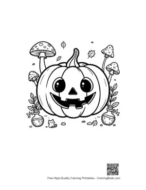 Thumbnail: Spooky Jack-O-Lantern Surrounded by Magic Mushrooms Printable