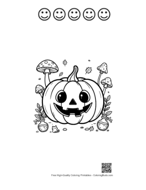Thumbnail: Spooky Jack-O-Lantern Surrounded by Magic Mushrooms Printable and 5 Happy Face Outline