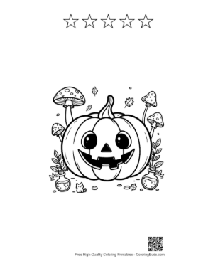 Thumbnail: Spooky Jack-O-Lantern Surrounded by Magic Mushrooms Printable and 5 Star Outline