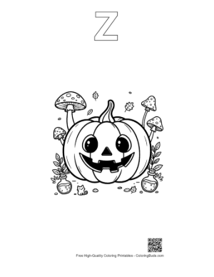 Thumbnail: Spooky Jack-O-Lantern Surrounded by Magic Mushrooms Printable Outline Alphabet Z