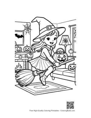 Thumbnail: Witch Girl Soaring Through the Air with Jack-O-Lantern Printable