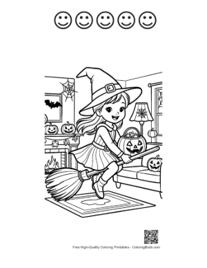 Thumbnail: Witch Girl Soaring Through the Air with Jack-O-Lantern Printable and 5 Happy Face Outline