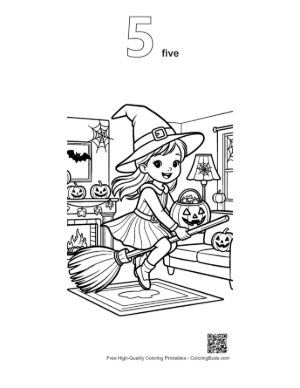 Thumbnail: Witch Girl Soaring Through the Air with Jack-O-Lantern Printable Outline Number 5