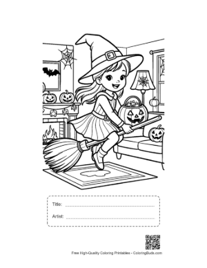 Thumbnail: Witch Girl Soaring Through the Air with Jack-O-Lantern Printable with Title and Artist Box