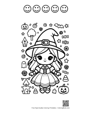 Thumbnail: Adorable Chibi Witch Standing with Spooky Halloween Decorations Cute Coloring Sheet Printable and 5 Happy Face Outline