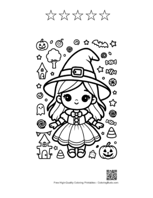 Thumbnail: Adorable Chibi Witch Standing with Spooky Halloween Decorations Cute Coloring Sheet Printable and 5 Star Outline