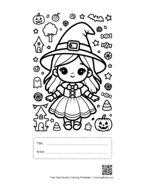 Thumbnail: Adorable Chibi Witch Standing with Spooky Halloween Decorations Cute Coloring Sheet Printable with Title and Artist Box