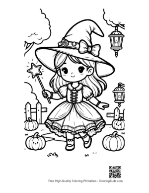 Thumbnail: Adorable Little Witch Standing in a Pumpkin Patch with a Magic Wand Cute Coloring Printable