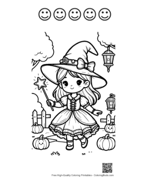 Thumbnail: Adorable Little Witch Standing in a Pumpkin Patch with a Magic Wand Cute Coloring Printable and 5 Happy Face Outline