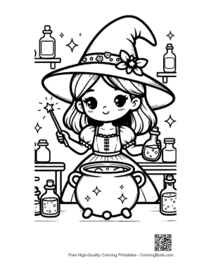 Thumbnail: Adorable Witch Mixing Ingredients in a Cauldron with Stars Magic Coloring Sheet Printable