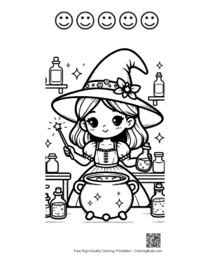 Thumbnail: Adorable Witch Mixing Ingredients in a Cauldron with Stars Magic Coloring Sheet Printable and 5 Happy Face Outline