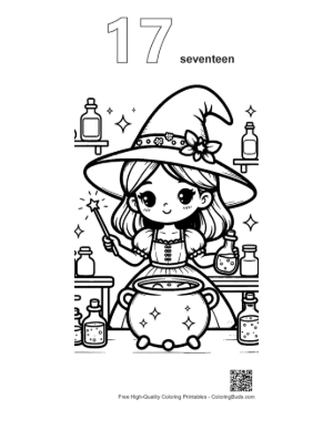 Thumbnail: Adorable Witch Mixing Ingredients in a Cauldron with Stars Magic Coloring Sheet Printable Outline Number 17