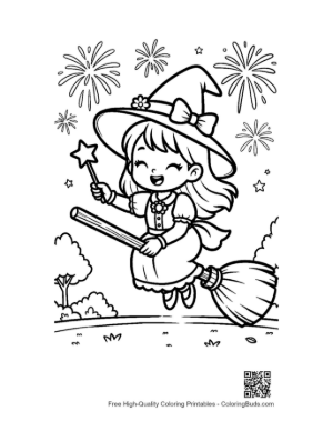Thumbnail: Adorable Witch Soaring on a Broomstick with Magic Sparkles Fantasy Coloring Printable