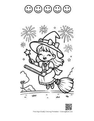 Thumbnail: Adorable Witch Soaring on a Broomstick with Magic Sparkles Fantasy Coloring Printable and 5 Happy Face Outline