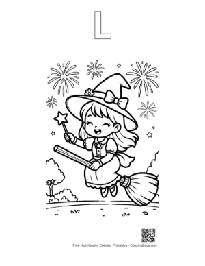 Thumbnail: Adorable Witch Soaring on a Broomstick with Magic Sparkles Fantasy Coloring Printable Outline Alphabet L