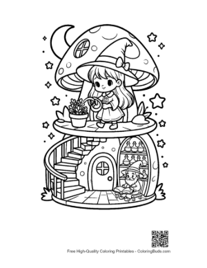 Thumbnail: Adorable Witches by Their Mushroom Home Under the Moon Magical Coloring Page Printable