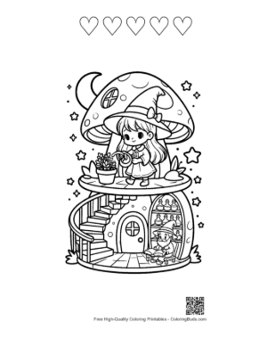 Thumbnail: Adorable Witches by Their Mushroom Home Under the Moon Magical Coloring Page Printable and 5 Heart Outline