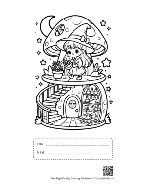 Thumbnail: Adorable Witches by Their Mushroom Home Under the Moon Magical Coloring Page Printable with Title and Artist Box