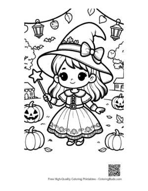 Thumbnail: Beautiful Witch Girl Wearing a Pointed Hat in a Spooky Garden Fantasy Coloring Sheet Printable