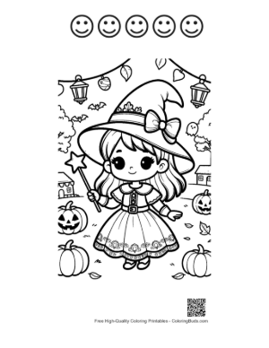Thumbnail: Beautiful Witch Girl Wearing a Pointed Hat in a Spooky Garden Fantasy Coloring Sheet Printable and 5 Happy Face Outline