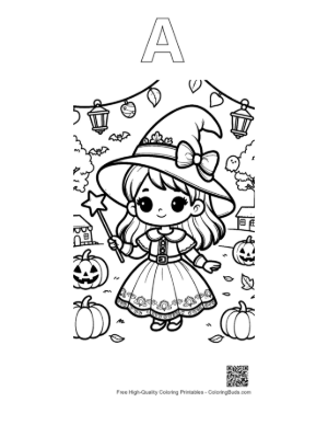 Thumbnail: Beautiful Witch Girl Wearing a Pointed Hat in a Spooky Garden Fantasy Coloring Sheet Printable Outline Alphabet A
