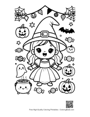 Thumbnail: Chibi Witch Girl Dancing with Ghosts and Bats in the Moonlight Spooky Coloring Printable