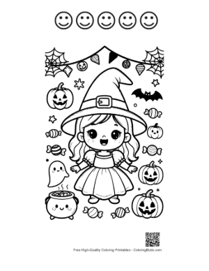 Thumbnail: Chibi Witch Girl Dancing with Ghosts and Bats in the Moonlight Spooky Coloring Printable and 5 Happy Face Outline