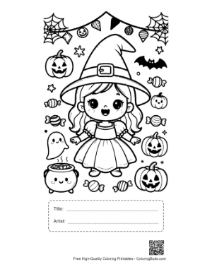 Thumbnail: Chibi Witch Girl Dancing with Ghosts and Bats in the Moonlight Spooky Coloring Printable with Title and Artist Box
