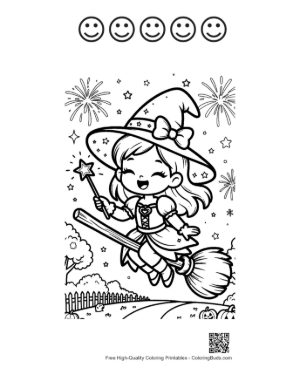Thumbnail: Chibi Witch Girl Flying on a Broom Across the Moonlight Spooky Coloring Page Printable and 5 Happy Face Outline