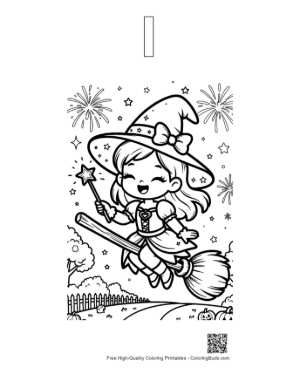 Thumbnail: Chibi Witch Girl Flying on a Broom Across the Moonlight Spooky Coloring Page Printable Outline Alphabet I