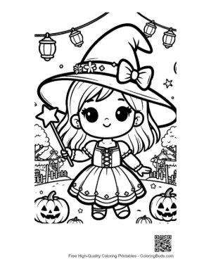 Thumbnail: Chibi Witch Holding a Magic Wand with Stars and Bats Adorable Coloring Sheet Printable