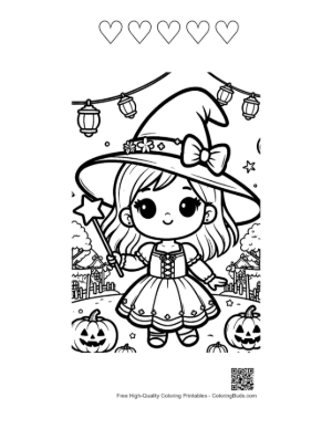 Thumbnail: Chibi Witch Holding a Magic Wand with Stars and Bats Adorable Coloring Sheet Printable and 5 Heart Outline