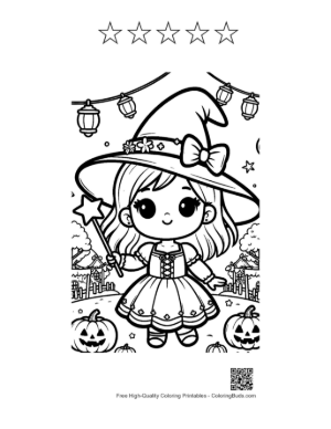 Thumbnail: Chibi Witch Holding a Magic Wand with Stars and Bats Adorable Coloring Sheet Printable and 5 Star Outline