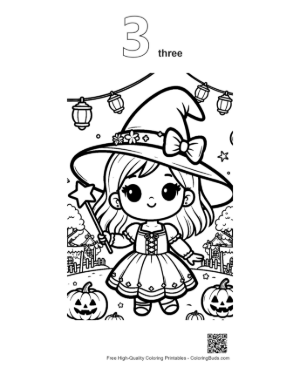 Thumbnail: Chibi Witch Holding a Magic Wand with Stars and Bats Adorable Coloring Sheet Printable Outline Number 3