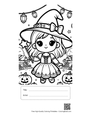 Thumbnail: Chibi Witch Holding a Magic Wand with Stars and Bats Adorable Coloring Sheet Printable with Title and Artist Box