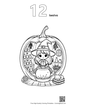 Thumbnail: Chibi Witch Mixing Spells Inside a Large Pumpkin Workshop Adorable Coloring Printable Outline Number 12
