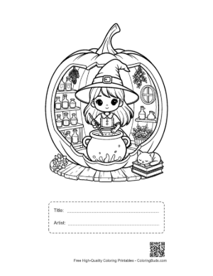 Thumbnail: Chibi Witch Mixing Spells Inside a Large Pumpkin Workshop Adorable Coloring Printable with Title and Artist Box