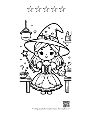 Thumbnail: Chibi Witch Standing by a Magic Pot with Potions and Herbs Fantasy Coloring Printable and 5 Star Outline