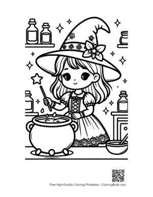 Thumbnail: Chibi Witch Stirring a Potion in a Cauldron with Halloween Decor Cute Coloring Printable