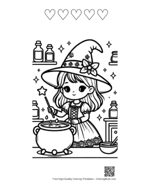 Thumbnail: Chibi Witch Stirring a Potion in a Cauldron with Halloween Decor Cute Coloring Printable and 5 Heart Outline