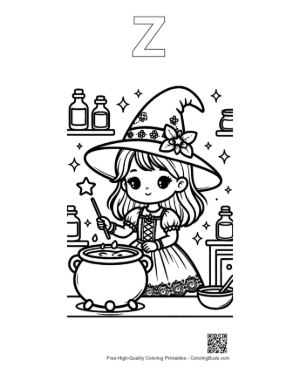 Thumbnail: Chibi Witch Stirring a Potion in a Cauldron with Halloween Decor Cute Coloring Printable Outline Alphabet Z