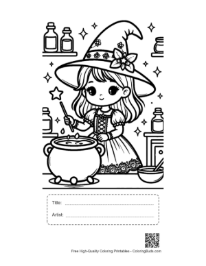 Thumbnail: Chibi Witch Stirring a Potion in a Cauldron with Halloween Decor Cute Coloring Printable with Title and Artist Box