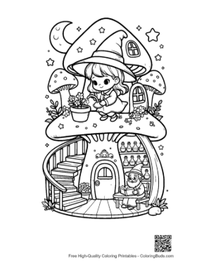 Thumbnail: Chibi Witches Playing Near a Whimsical Mushroom Home Adorable Coloring Sheet Printable